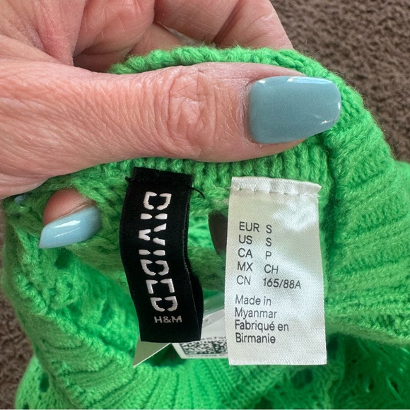 DIVIDED H&M Lime Green Soft Open Knit Crochet Crop Sweater Wide Sleeve S NEW - Picture 7 of 11